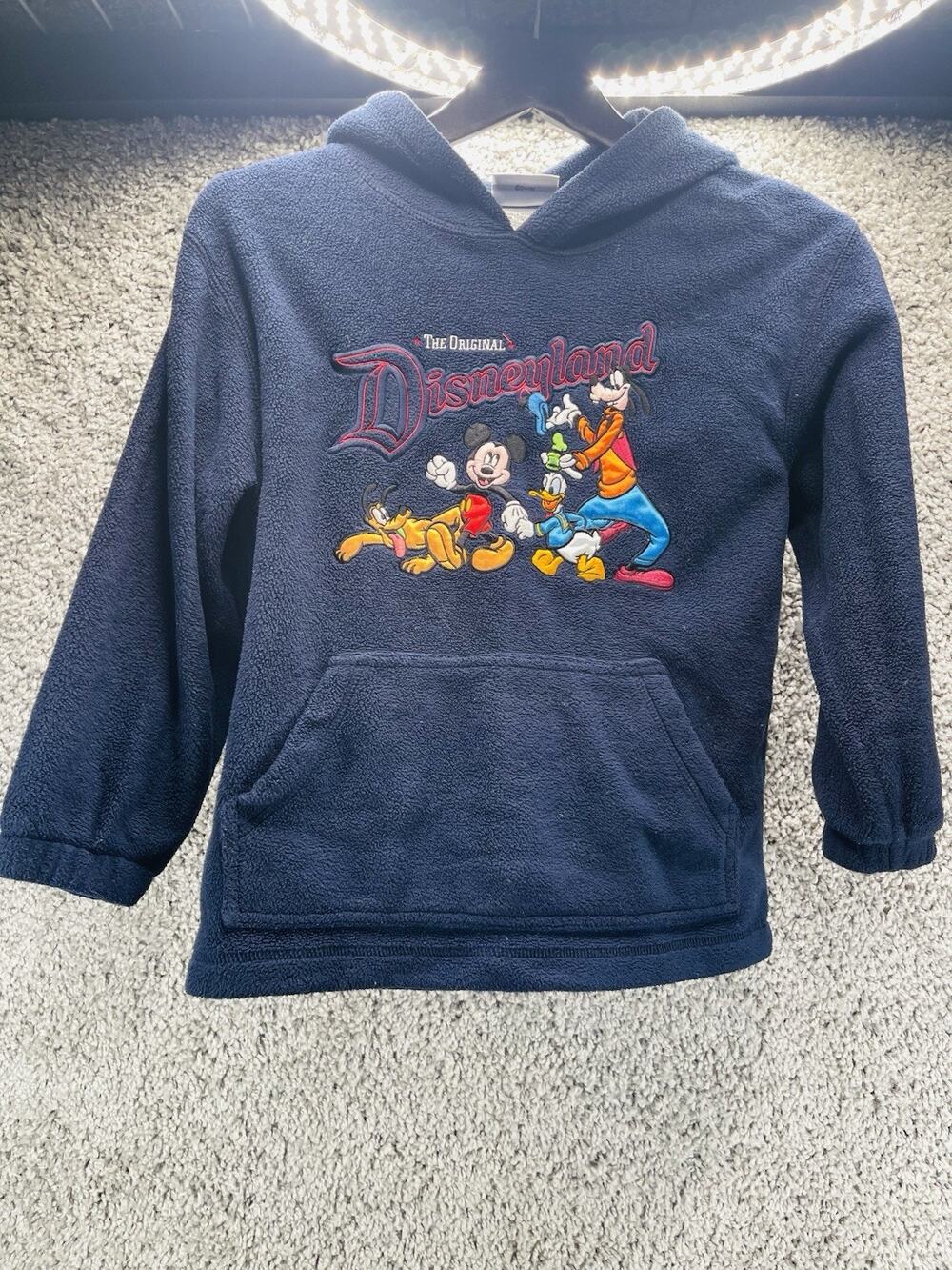 DISNEY Original Crew Pullover Hoodie Sweater Kids Medium Blue Pocket Fleece